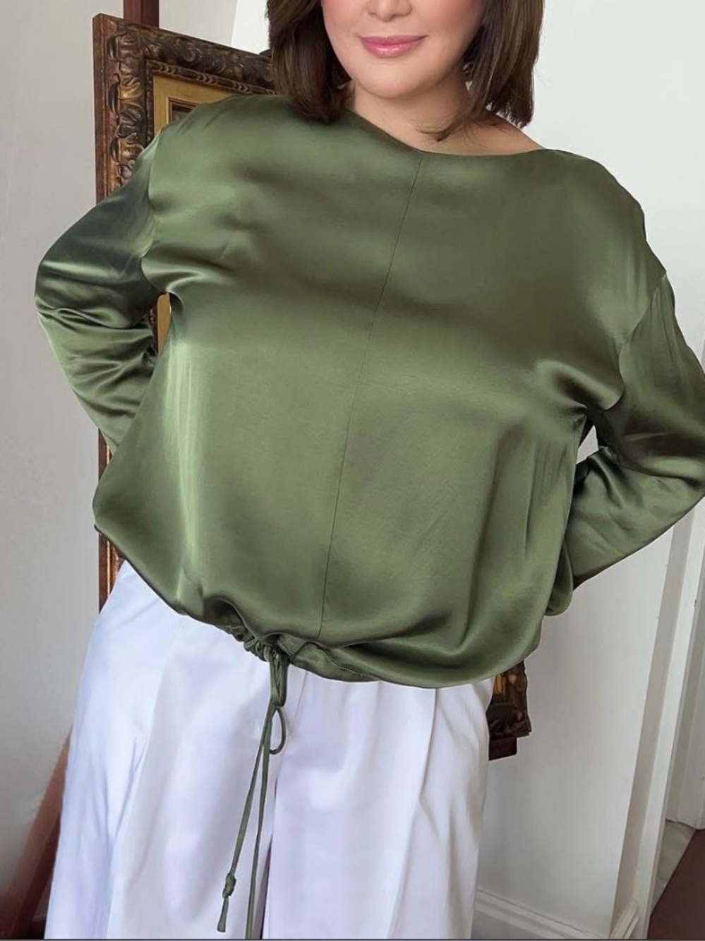 Zara olive green satin-effect blouse  , top for women XS